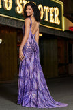 Vestido largo de fiesta de lentejuelas moradas oscuras con cuello en V de sirena brillante con espalda abierta