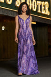 Vestido largo de fiesta de lentejuelas moradas oscuras con cuello en V de sirena brillante con espalda abierta