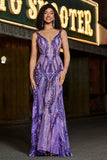 Vestido largo de fiesta de lentejuelas moradas oscuras con cuello en V de sirena brillante con espalda abierta