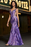 Vestido largo de fiesta de lentejuelas moradas oscuras con cuello en V de sirena brillante con espalda abierta