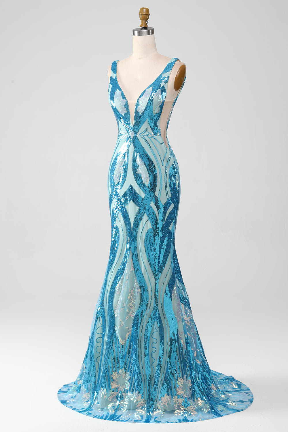 Vestido largo de fiesta de lentejuelas con cuello en V de sirena púrpura oscuro