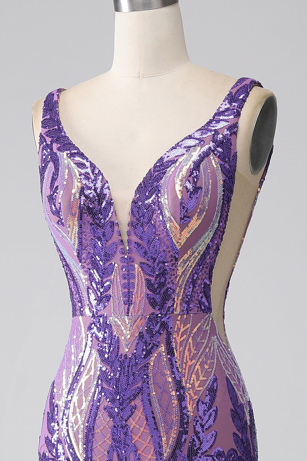 Vestido largo de fiesta de lentejuelas con cuello en V de sirena púrpura oscuro