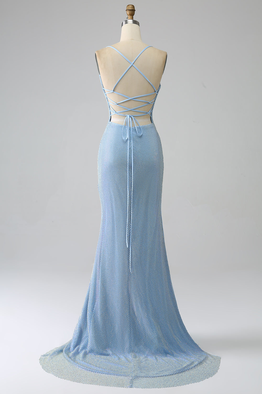 Vestido de fiesta largo azul sirena con abertura