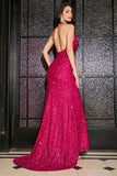 Vestido de fiesta de lentejuelas halter de sirena rosa fuerte con abertura