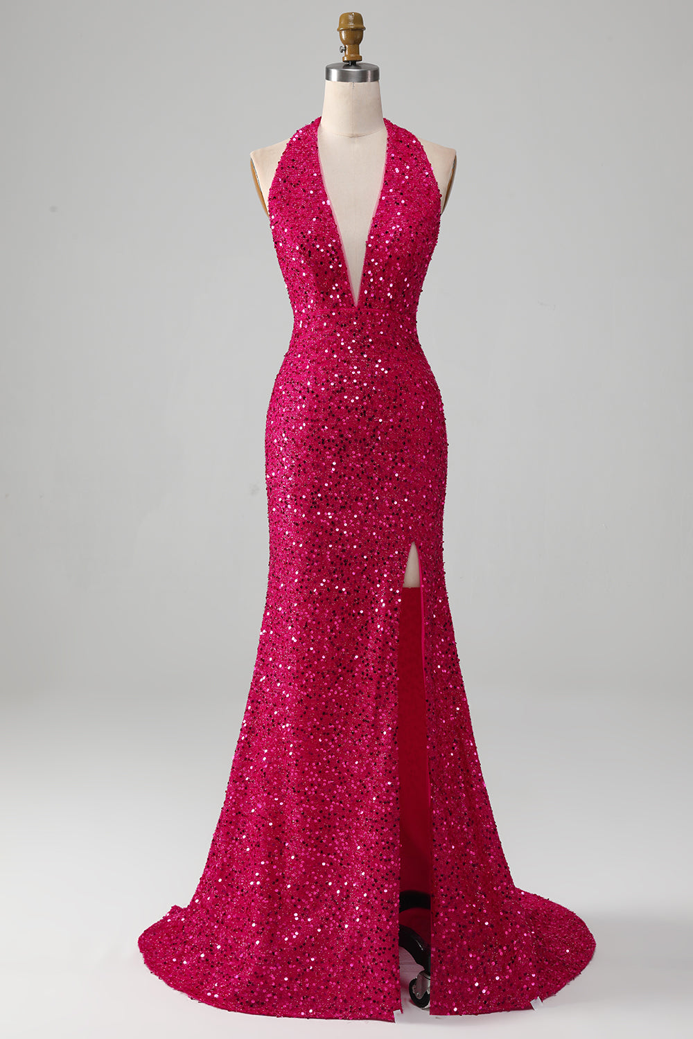 Vestido de fiesta de lentejuelas halter de sirena fucsia con abertura