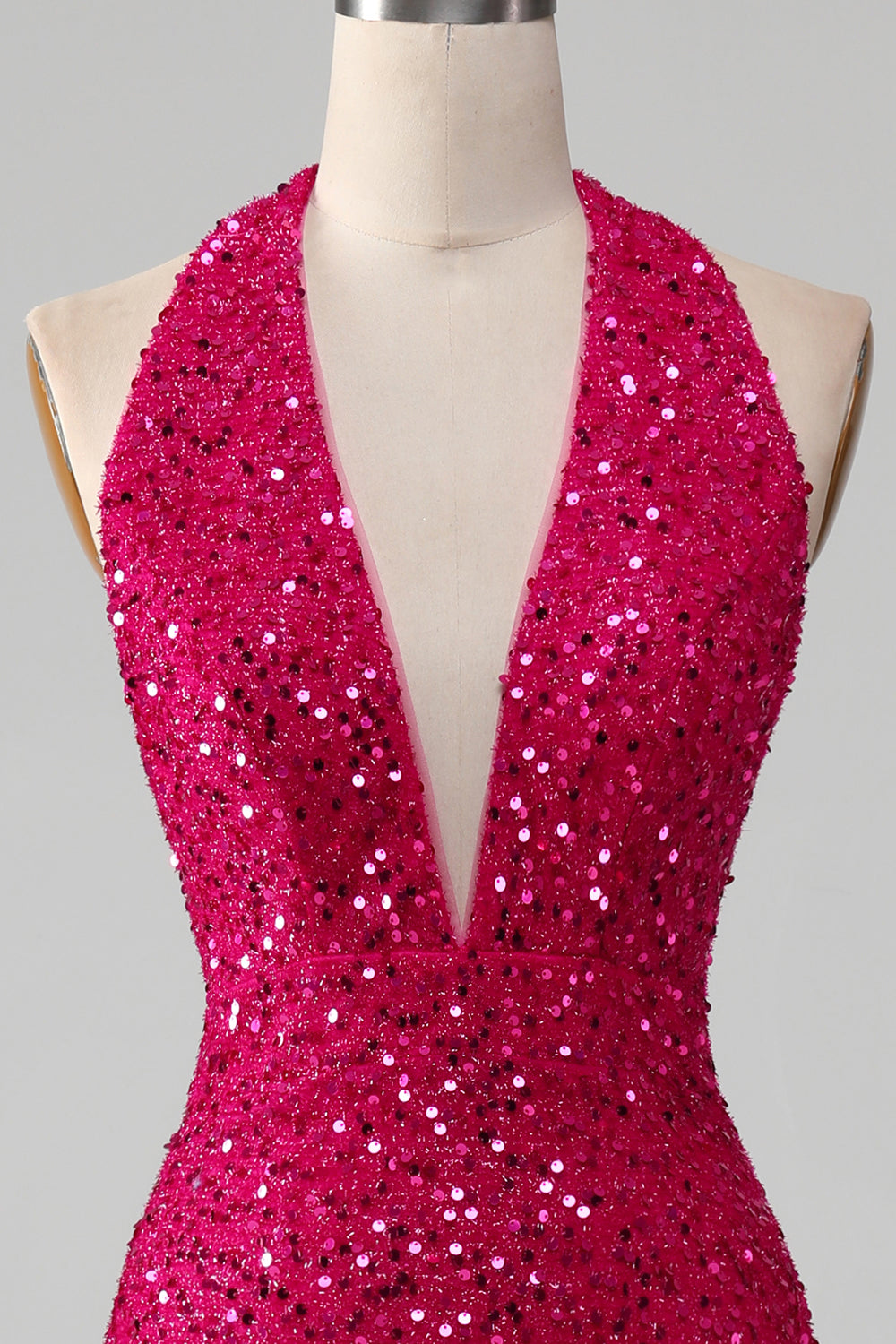 Vestido de fiesta de lentejuelas halter de sirena fucsia con abertura