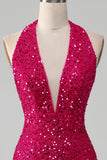 Vestido de fiesta de lentejuelas halter de sirena fucsia con abertura