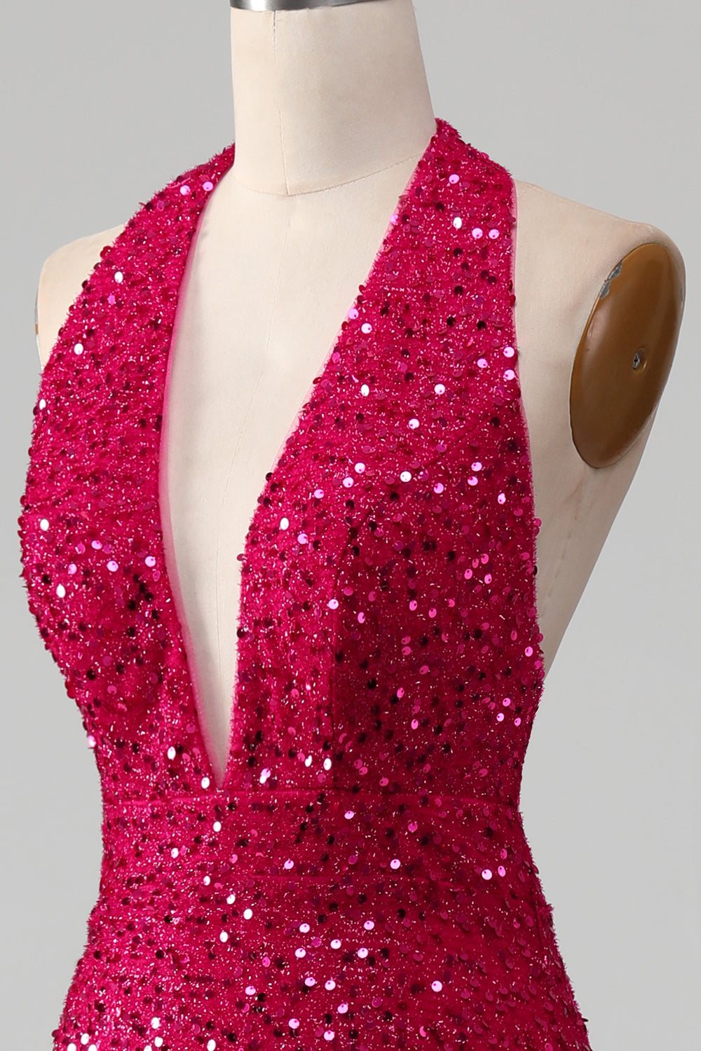 Vestido de fiesta de lentejuelas halter de sirena fucsia con abertura