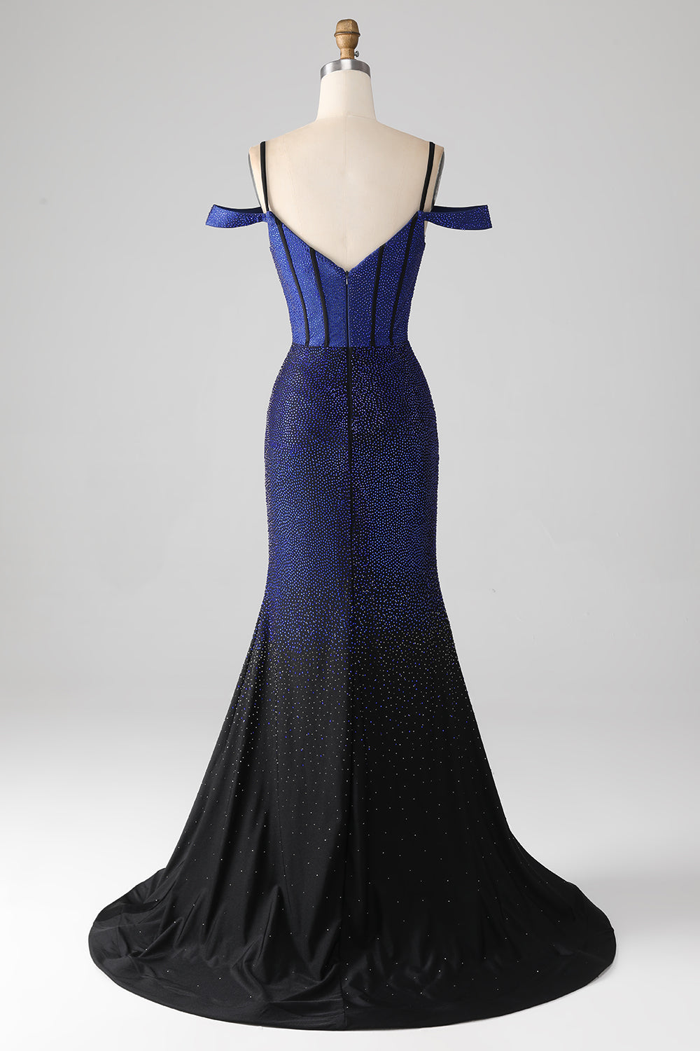 Vestido de fiesta largo corsé azul marino brillante con abertura