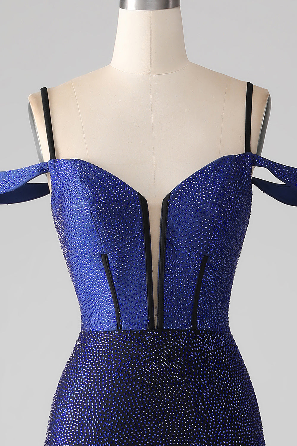 Vestido de fiesta largo corsé azul marino brillante con abertura