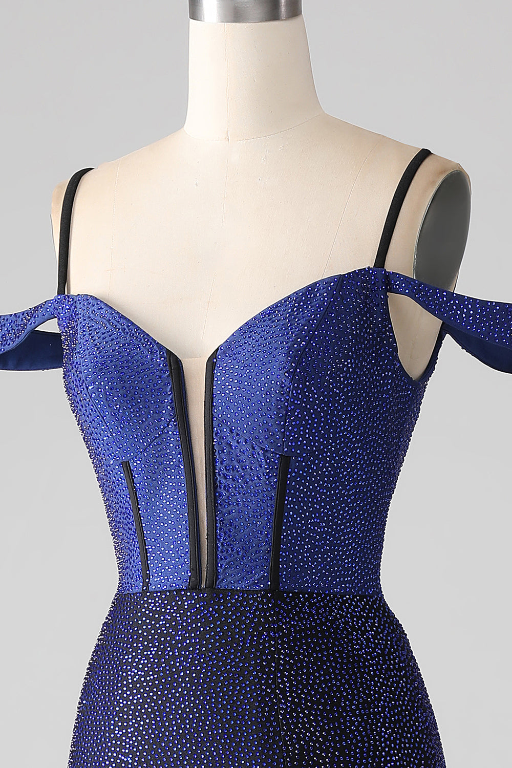 Vestido de fiesta largo corsé azul marino brillante con abertura