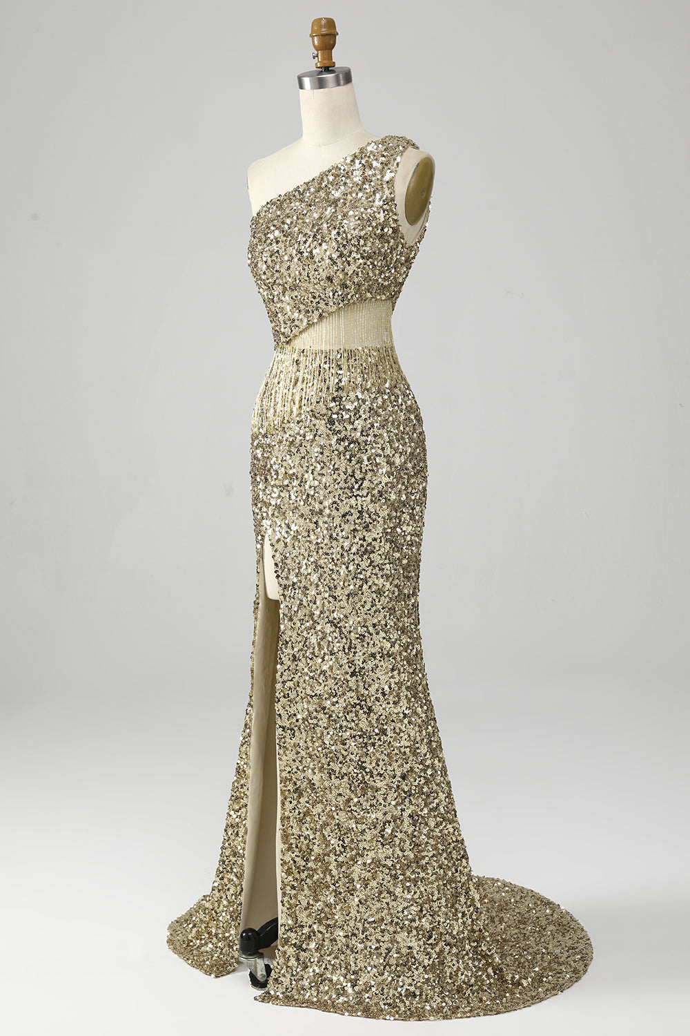 Vestido de fiesta dorado de lentejuelas con flecos de un hombro con abertura