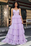 Princesa A Line Spaghetti Trapes Corsé Lila Vestido de Fiesta con Apliques Volantes