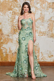 Tirantes de espagueti Vestido de fiesta con corsé sirena verde con apliques