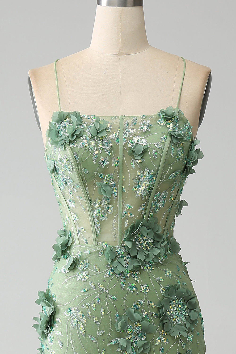 Vestido de fiesta de corsé verde con tirantes de espagueti de sirena con apliques