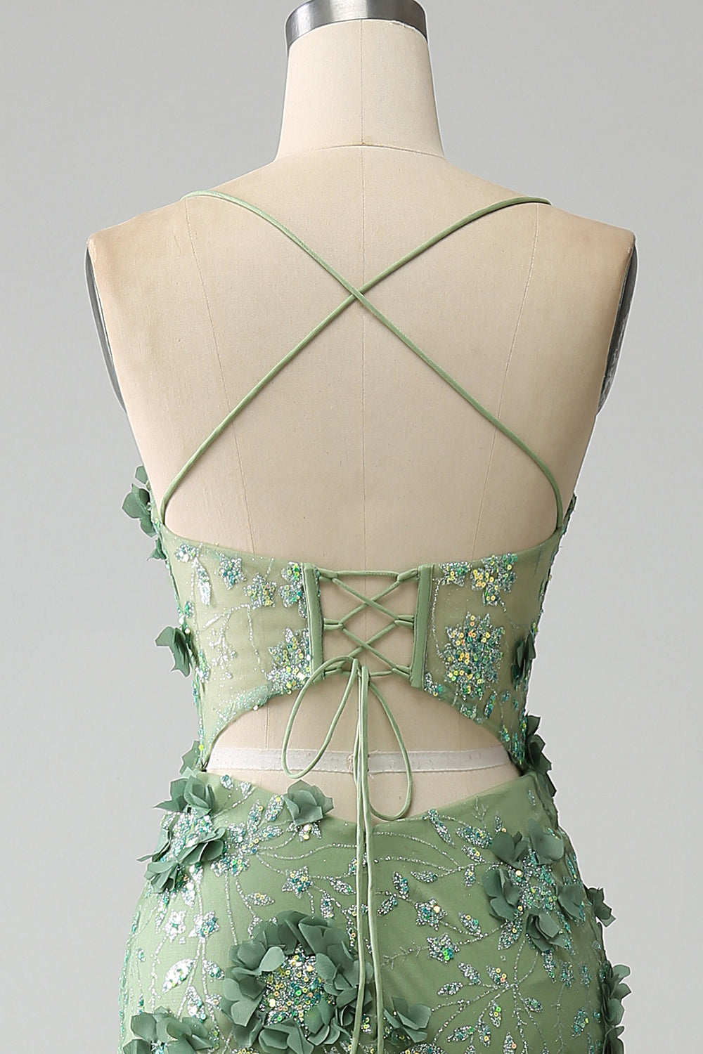 Vestido de fiesta de corsé verde con tirantes de espagueti de sirena con apliques