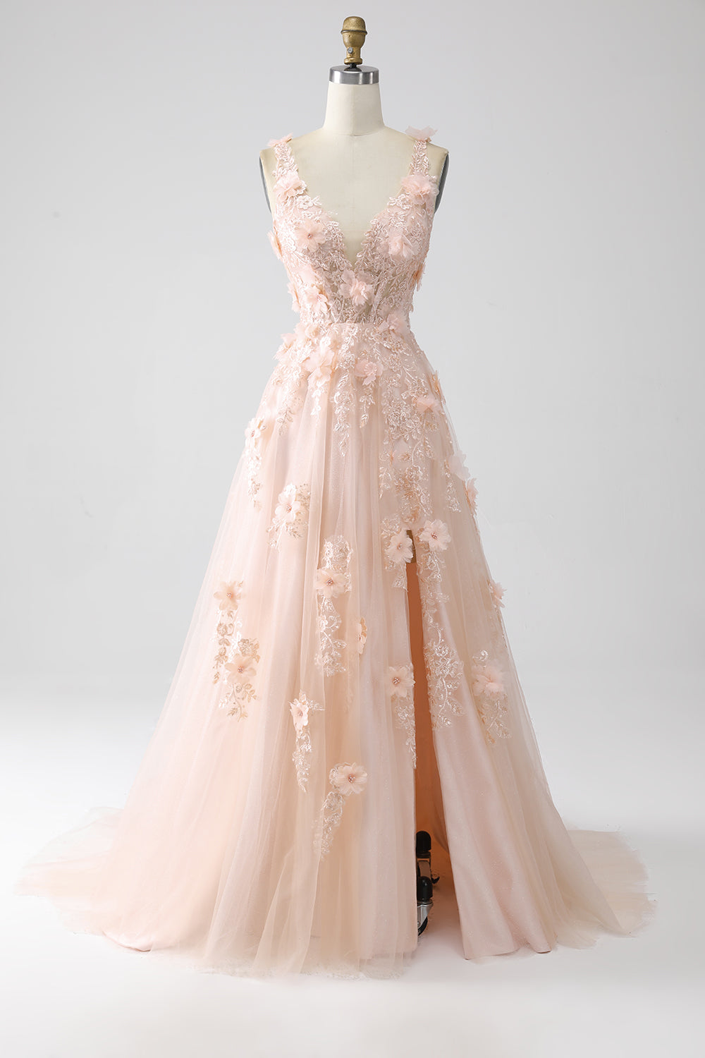 Vestido largo de fiesta con tirantes finos de línea A con apliques