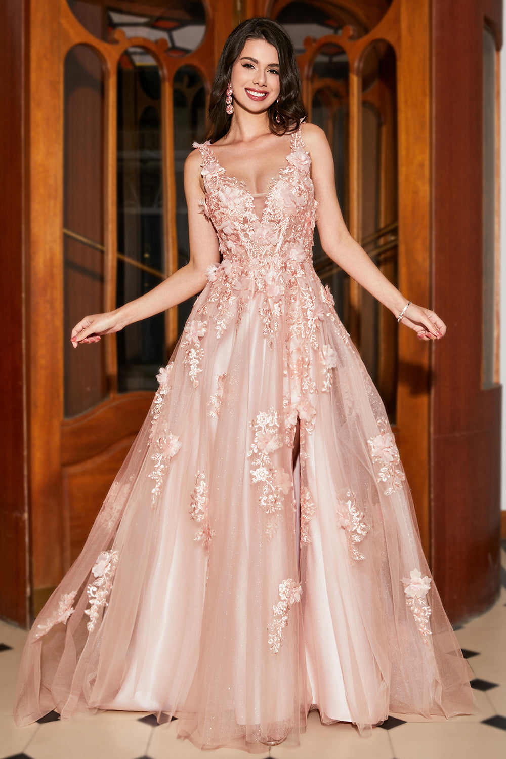 Vestido de fiesta largo con tirantes de espagueti de línea A con apliques