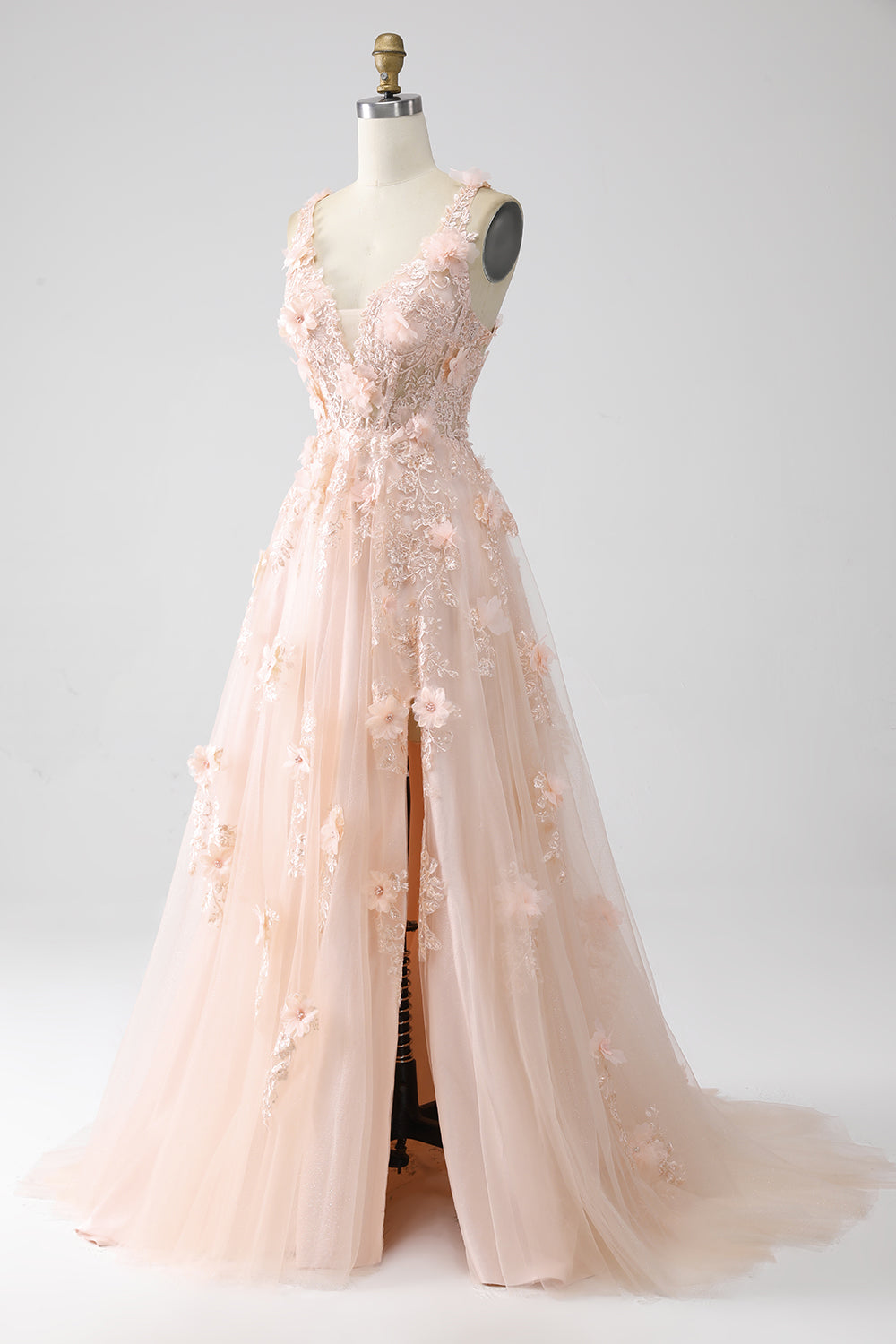 Vestido largo de fiesta con tirantes finos de línea A con apliques