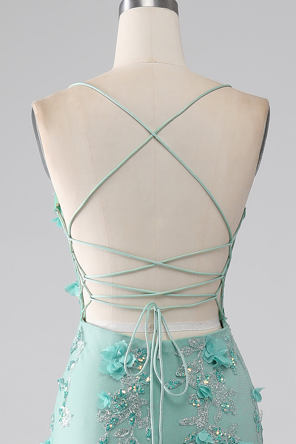 Vestido largo de fiesta de tirantes de espagueti de sirena verde con apliques