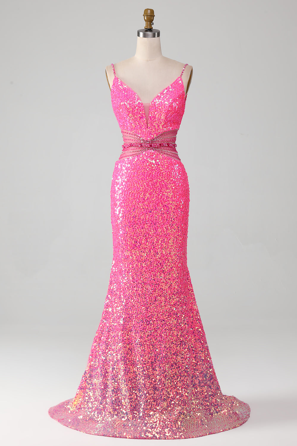 Vestido de fiesta de sirena con purpurina de tirantes de espagueti rosa intenso con cintura de abalorios