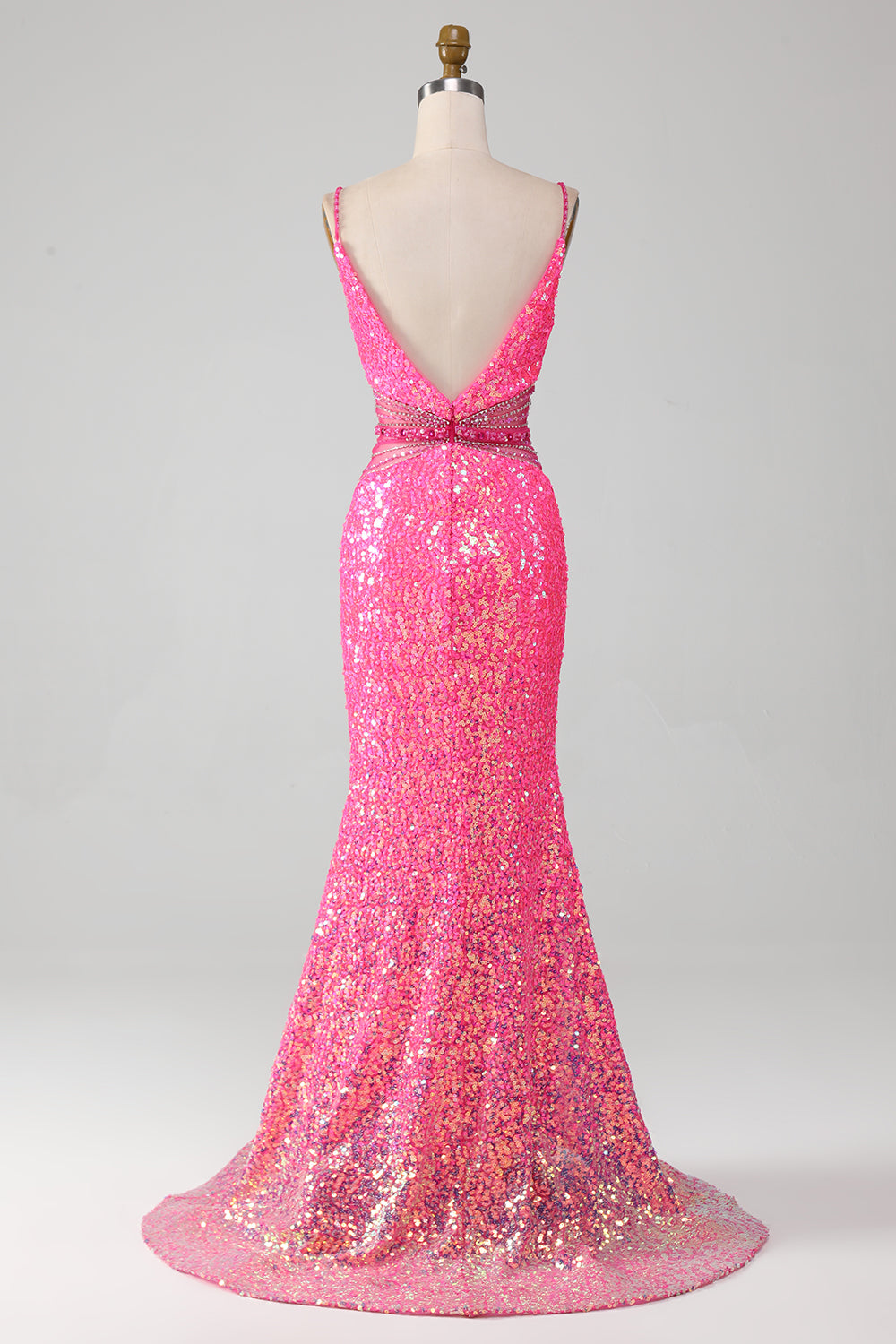 Vestido de fiesta de sirena con purpurina de tirantes de espagueti rosa intenso con cintura de abalorios
