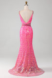 Vestido de fiesta de sirena con purpurina de tirantes de espagueti rosa intenso con cintura de abalorios