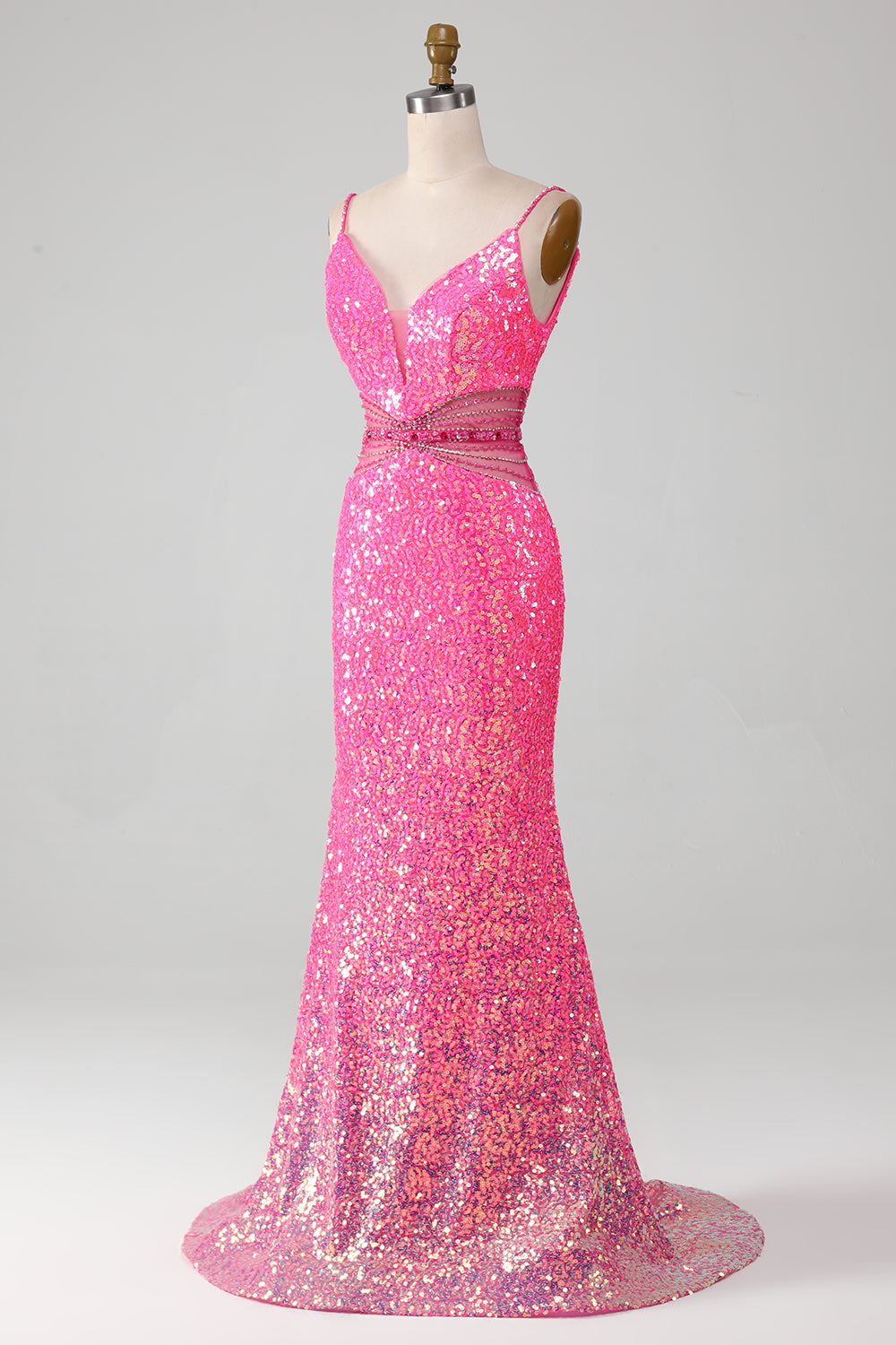 Vestido de fiesta de sirena con purpurina de tirantes de espagueti rosa intenso con cintura de abalorios