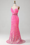 Vestido de fiesta de sirena con purpurina de tirantes de espagueti rosa intenso con cintura de abalorios
