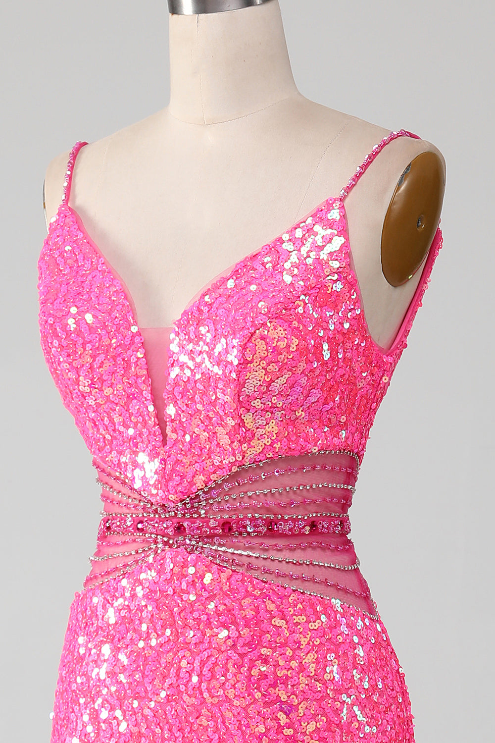 Vestido de fiesta de sirena con purpurina de tirantes de espagueti rosa intenso con cintura de abalorios