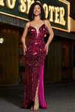 Tirantes de espagueti Vestido largo de fiesta de lentejuelas de sirena brillante de color rosa intenso con abertura