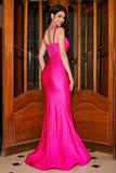 Vestido de fiesta de sirena brillante de color rosa intenso con hueco