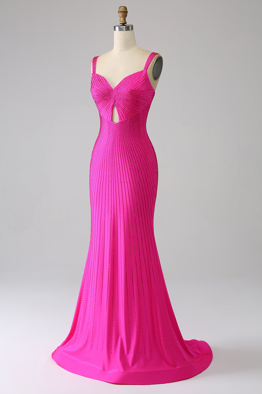 Vestido de fiesta rosa intenso de sirena brillante con hueco