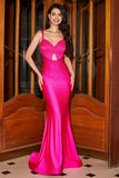 Vestido de fiesta de sirena brillante de color rosa intenso con hueco