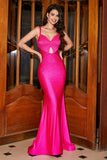Vestido de fiesta de sirena brillante de color rosa intenso con hueco