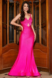 Vestido de fiesta de sirena brillante de color rosa intenso con hueco