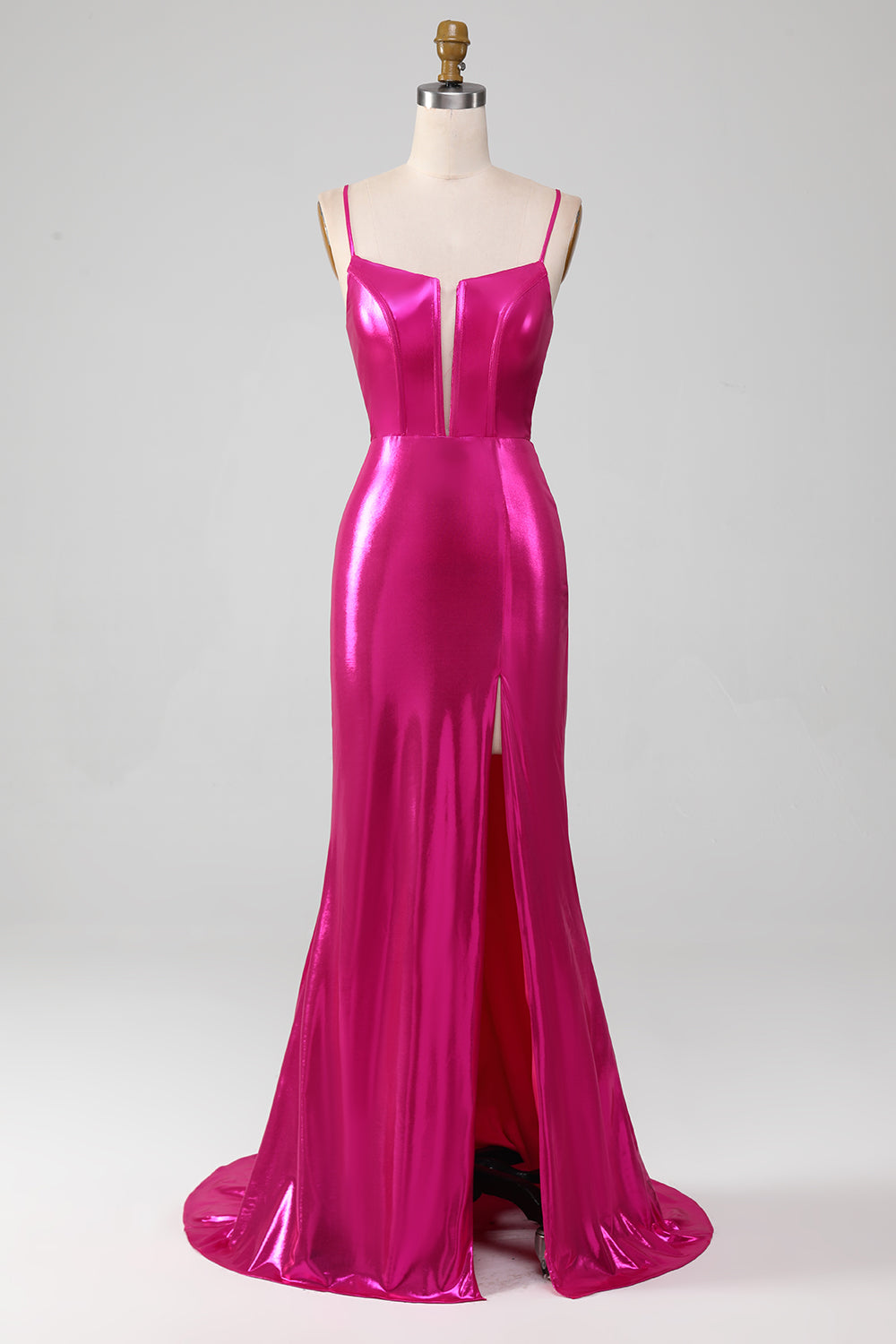 Vestido de fiesta simple de sirena rosa brillante con abertura