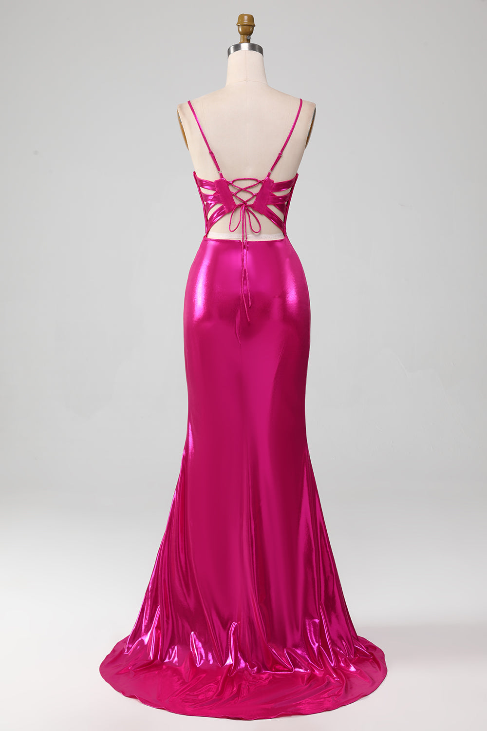 Vestido de fiesta simple de sirena rosa brillante con abertura