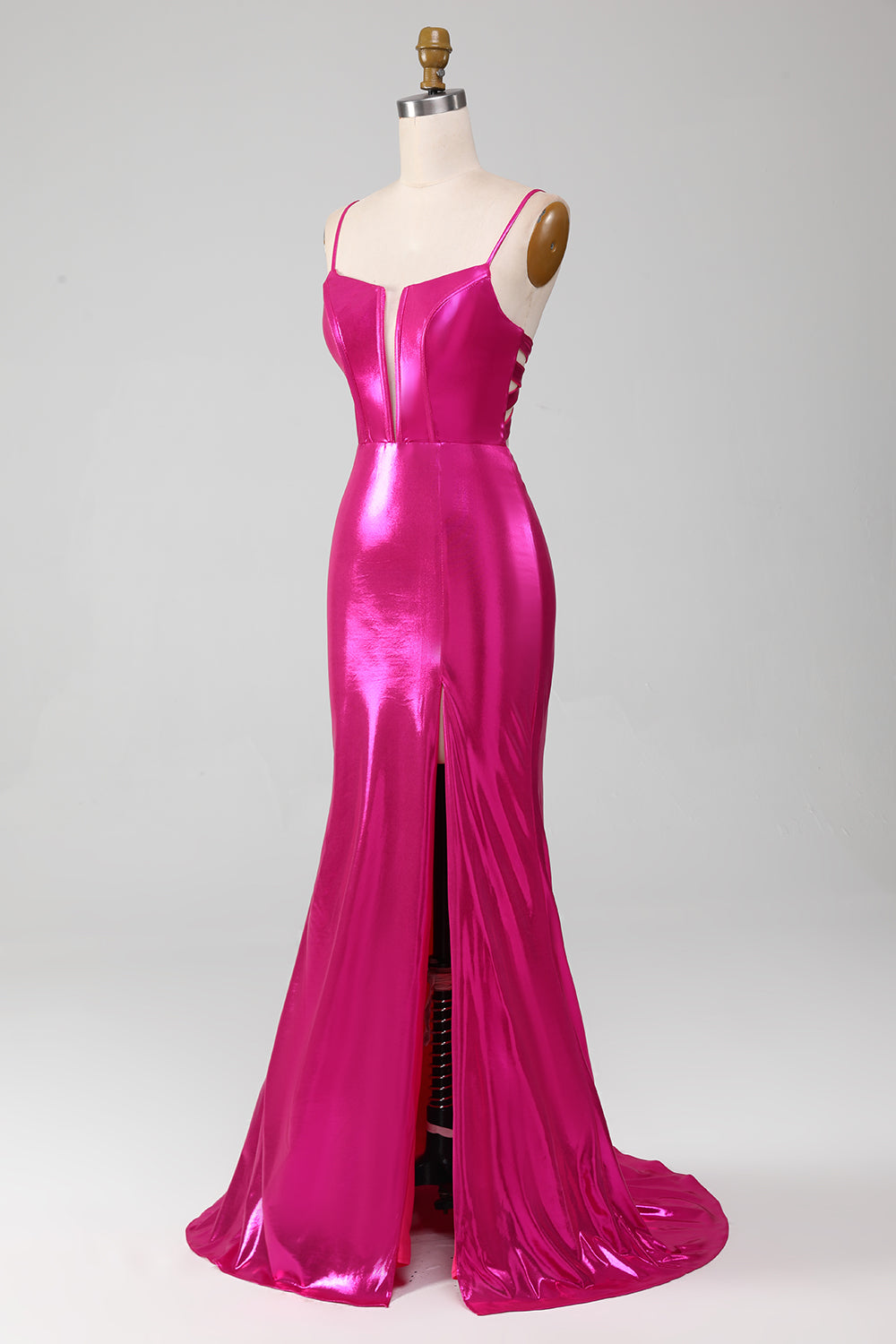 Vestido de fiesta simple de sirena rosa brillante con abertura