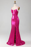 Vestido de fiesta simple de sirena rosa brillante con abertura