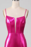 Vestido de fiesta simple de sirena rosa brillante con abertura