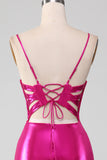 Vestido de fiesta simple de sirena rosa brillante con abertura
