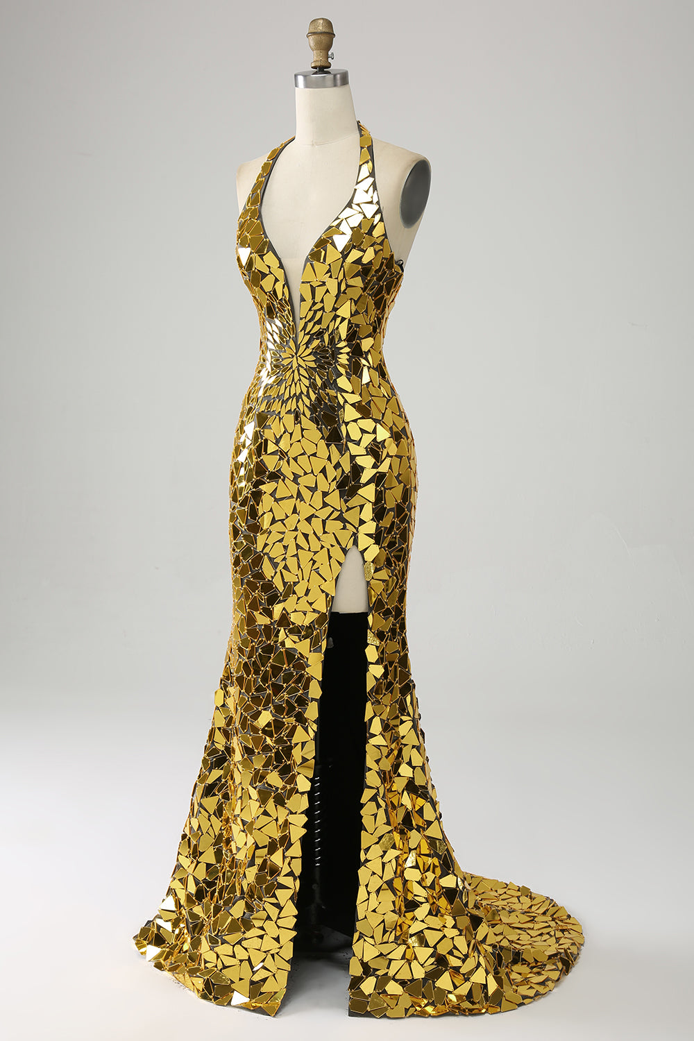 Vestido de fiesta de espejo sin espalda con cuello en V profundo halter de sirena dorada con abertura alta