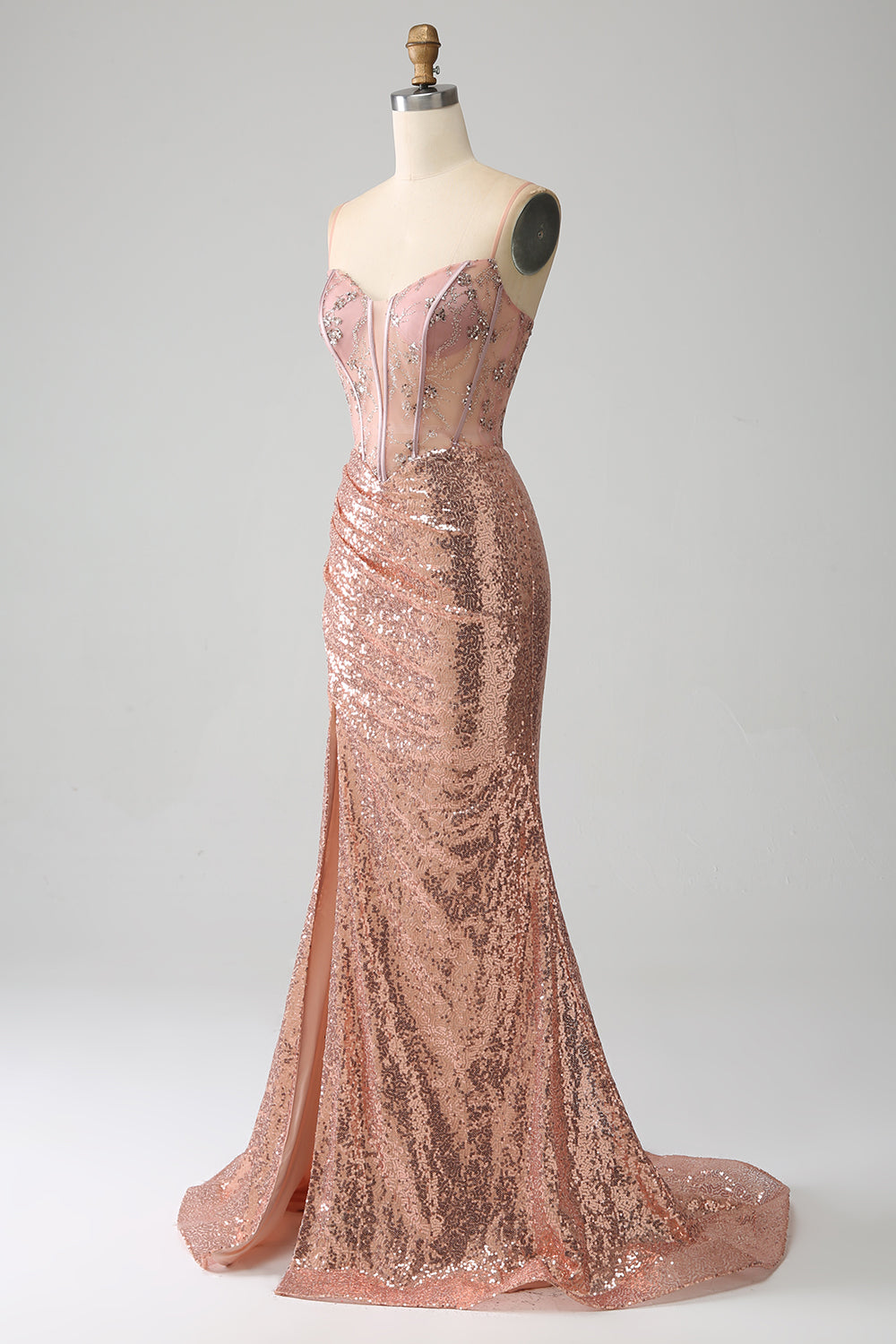 Vestido de fiesta de lentejuelas fruncidas con cuentas de sirena de oro rosa con abertura lateral