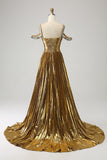Impresionante Un Vestido De Fiesta Largo De Oro De Línea Con Hombros Fuera De Hombro Con Ojo De Cerradura