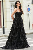 Elegante vestido de fiesta largo de lentejuelas negras sin tirantes de una línea con volantes