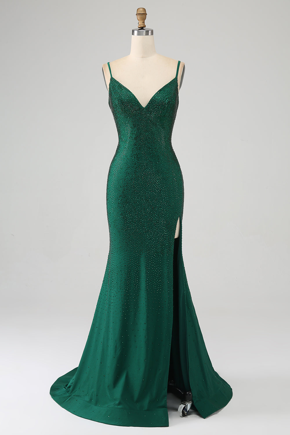 Vestido de fiesta de sirena largo con cuentas verde oscuro brillante con abertura