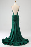 Vestido de fiesta de sirena largo con cuentas verde oscuro brillante con abertura