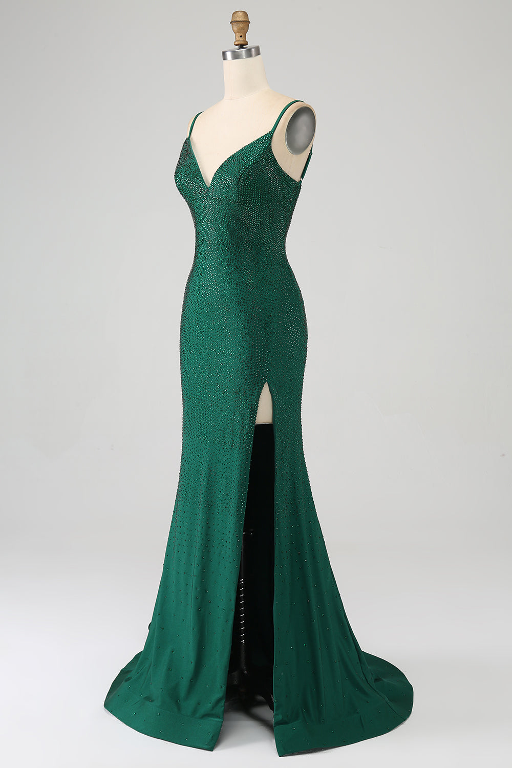Vestido de fiesta de sirena largo con cuentas verde oscuro brillante con abertura