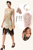 Champán Flecos 1920s Vestido Con Conjunto de Accesorios
